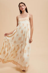 Cream Border Print Sleeveless Tiered Maxi Dress