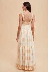 Cream Border Print Sleeveless Tiered Maxi Dress