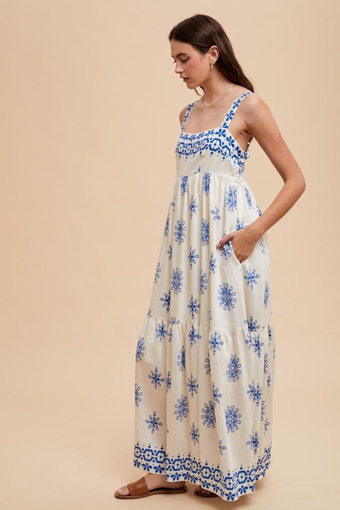 Blue Border Print Sleeveless Tiered Maxi Dress