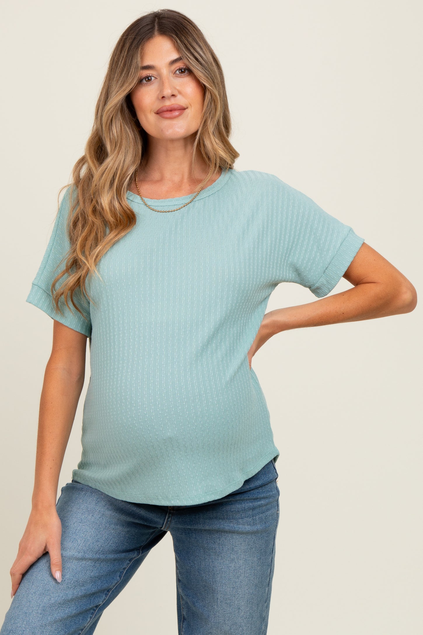 Light Olive Ribbed Knit Maternity Short Sleeve Top