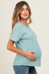Light Olive Ribbed Knit Maternity Short Sleeve Top