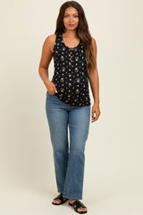 Black Floral Ribbed Button Front Maternity Tank Top