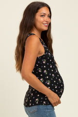 Black Floral Ribbed Button Front Maternity Tank Top