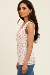 Cream Floral Ribbed Button Front Tank Top