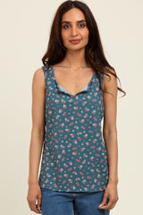 Teal Floral Ribbed Split Neck Tank Top