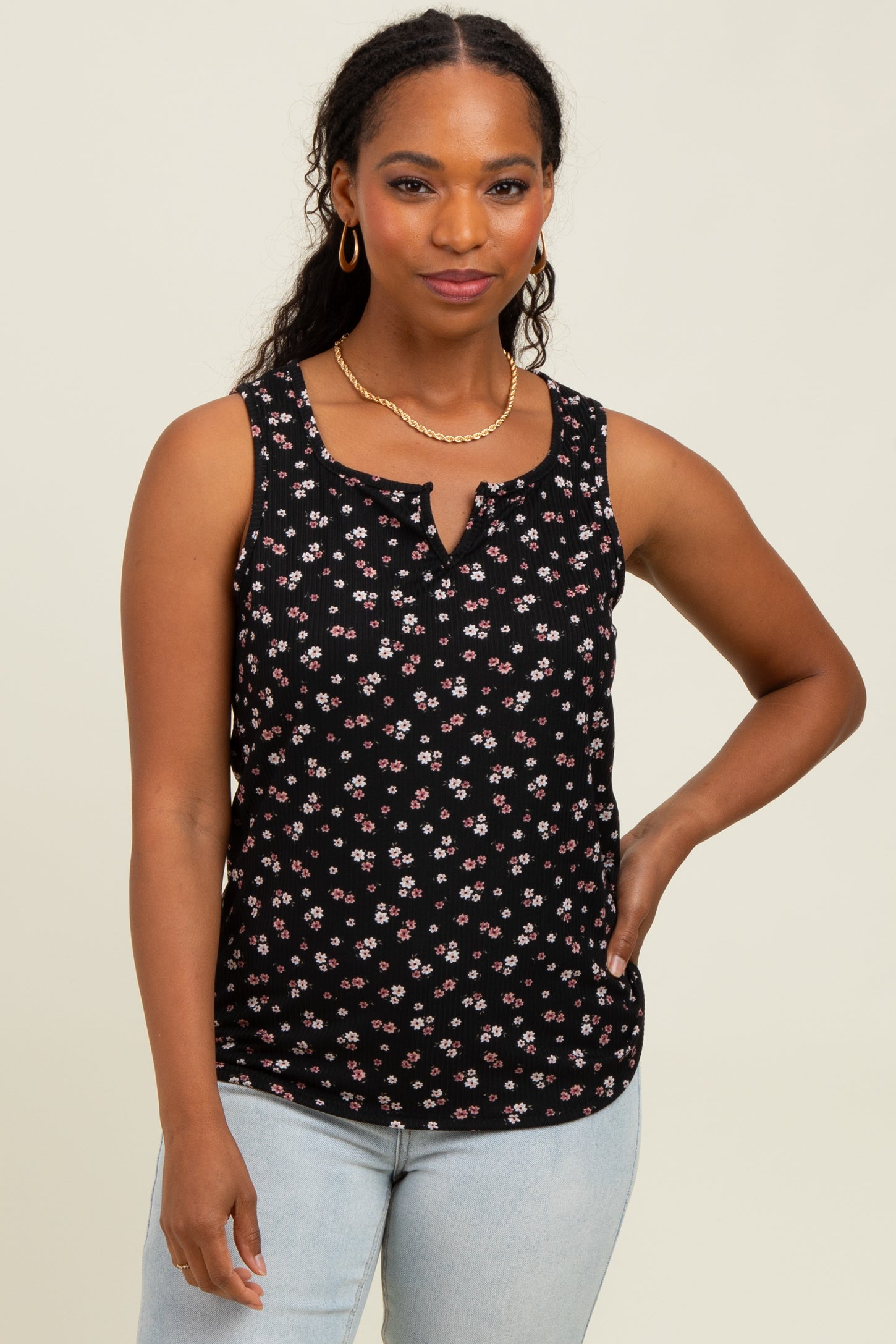 Black Floral Ribbed Split Neck Tank Top
