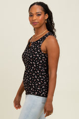 Black Floral Ribbed Split Neck Tank Top