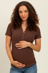 Brown Snap Button Maternity Short Sleeve Top