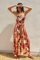 Rust Geometric Print Sash Tie Maxi Dress