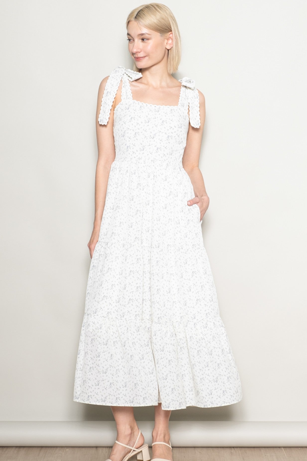Ivory Floral Lace Trim Shoulder Tie Maternity Maxi Dress
