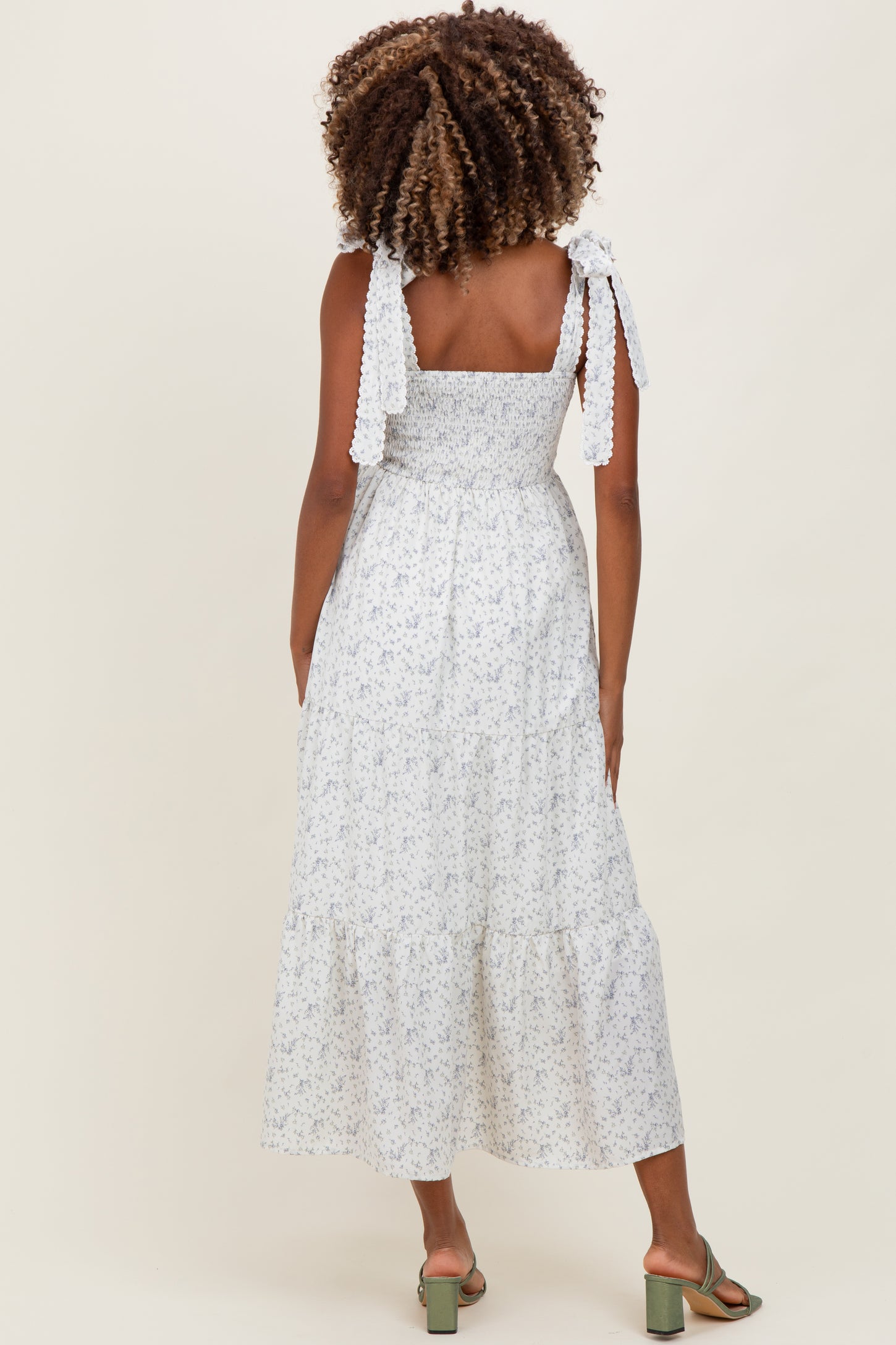 Ivory Floral Lace Trim Shoulder Tie Maternity Maxi Dress