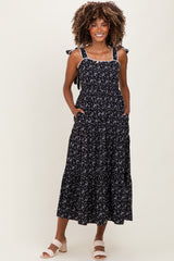 Black Floral Lace Trim Shoulder Tie Maternity Maxi Dress
