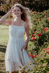 Ivory Floral Smocked Waist Ruffle Accent Dress