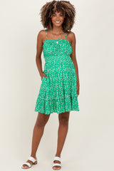 Green Floral Smocked Waist Ruffle Accent Maternity Dress