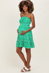 Green Floral Smocked Waist Ruffle Accent Maternity Dress