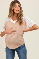 Beige Lace Inset V-Neck Short Sleeve Maternity Top