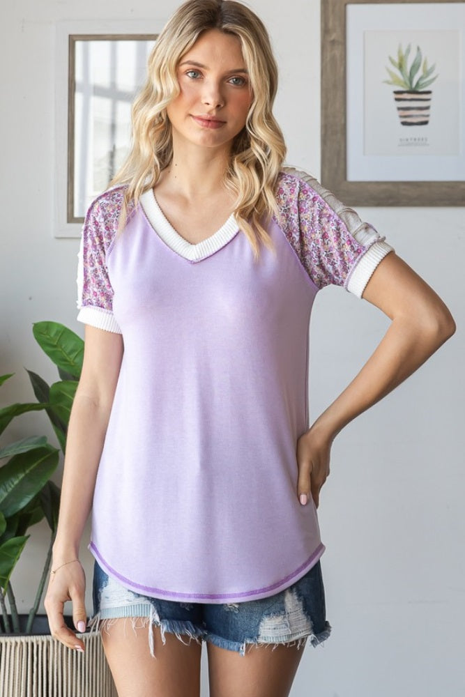 Lilac Floral Contrast Short Sleeve Top
