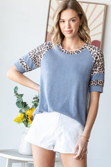 Blue Ribbed Animal Print Contrast Short Sleeve Maternity Top