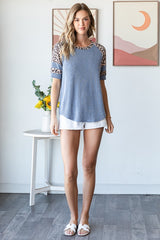 Blue Ribbed Animal Print Contrast Short Sleeve Top