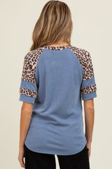 Blue Ribbed Animal Print Contrast Short Sleeve Maternity Top