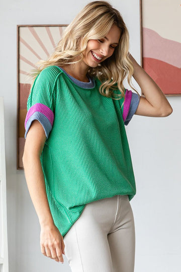 Green Ribbed Colorblock Detail Short Sleeve Top