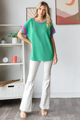Green Ribbed Colorblock Detail Short Sleeve Top
