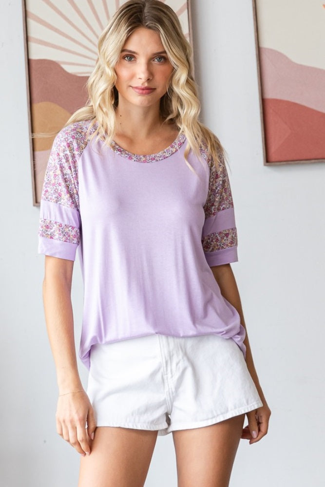 Lilac Floral Contrast Raglan Short Sleeve T-Shirt