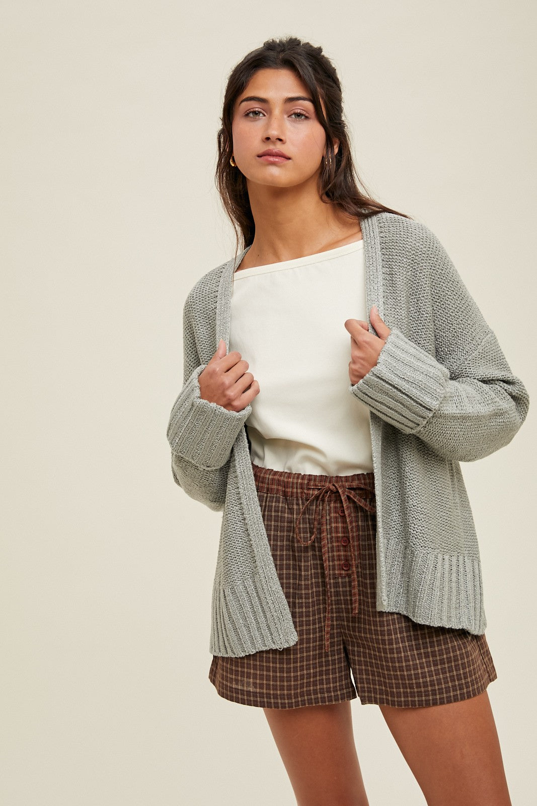 Light Olive Contrast Knit Open Maternity Cardigan
