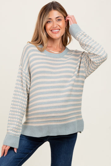 Light Olive Striped Dot Contrast Knit Maternity Sweater