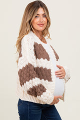 Brown Colorblock Chunky Knit Open Maternity Cardigan