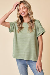Light Olive Ribbed Exposed Seam Short Sleeve Top