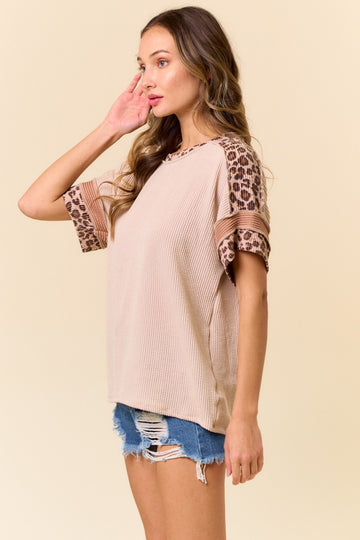 Beige Ribbed Animal Print Colorblock Short Sleeve Top