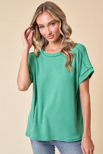 Green Exposed Seam Short Sleeve Top