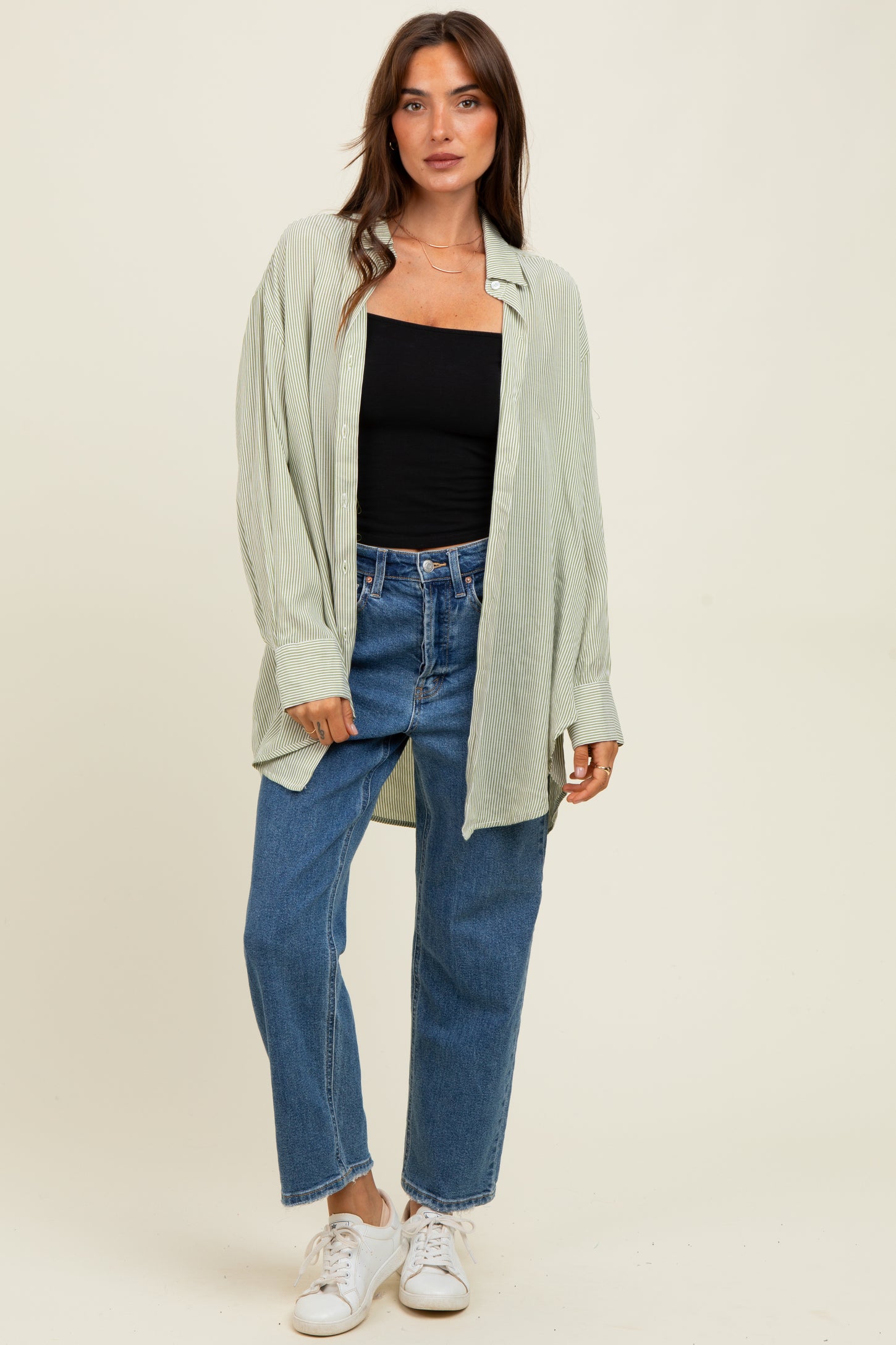 Light Olive Striped Oversized Button Down Shirt