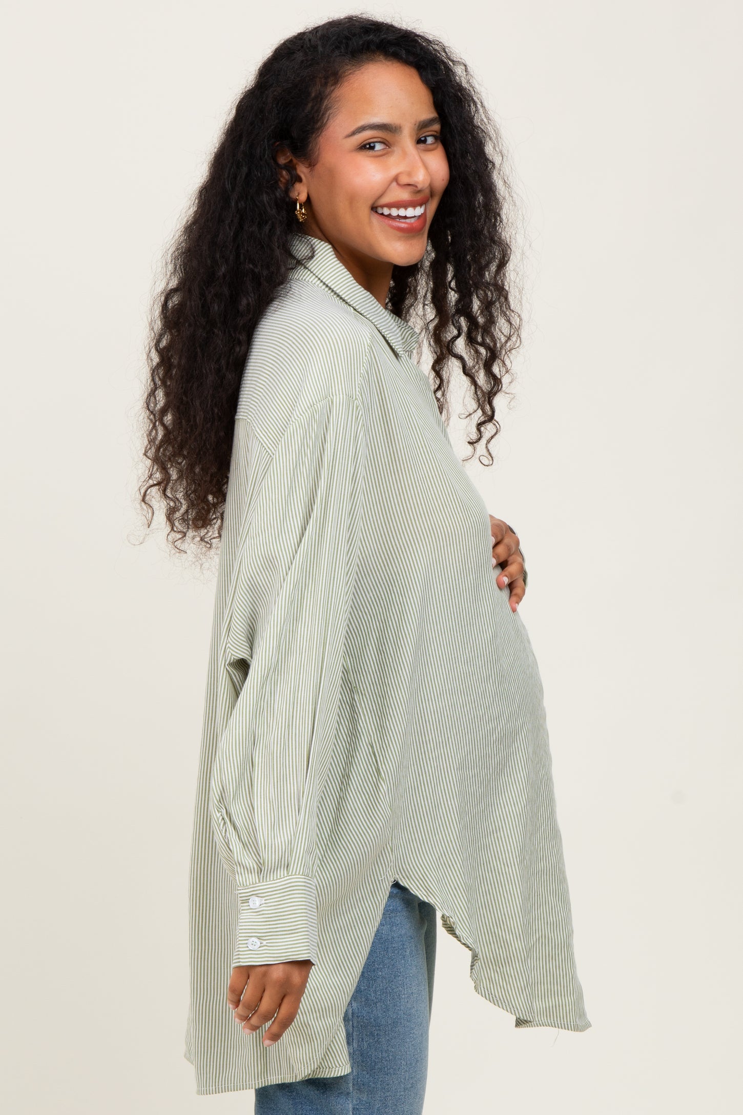 Light Olive Striped Oversized Maternity Button Down Shirt
