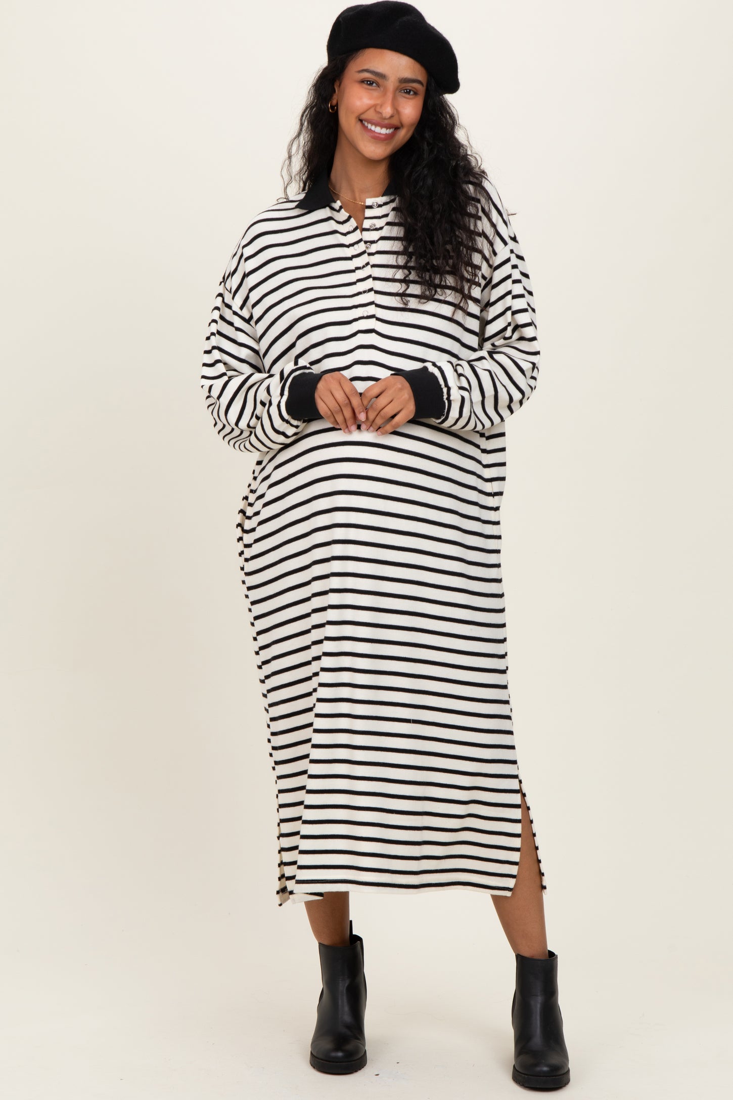 Black Stripe Snap Button Long Sleeve Maternity Midi Dress