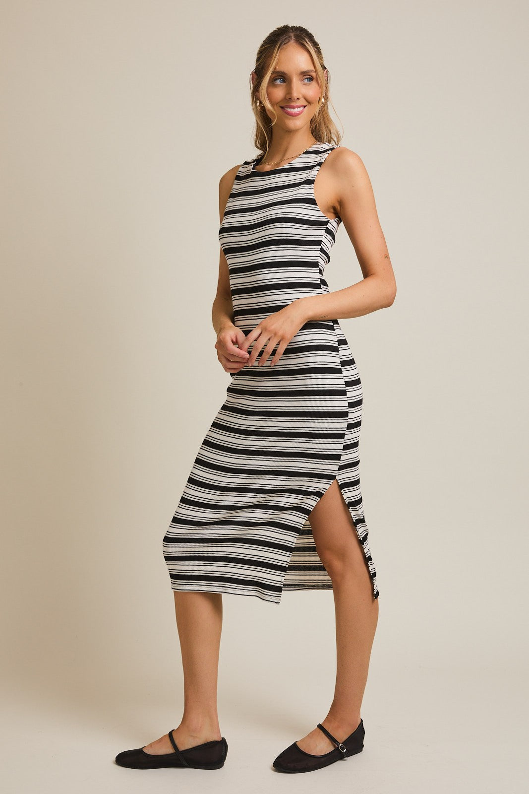 Black Multi-Stripe Ribbed Sleeveless Cutout Midi Dress