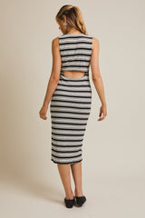 Black Multi-Stripe Ribbed Sleeveless Cutout Midi Dress