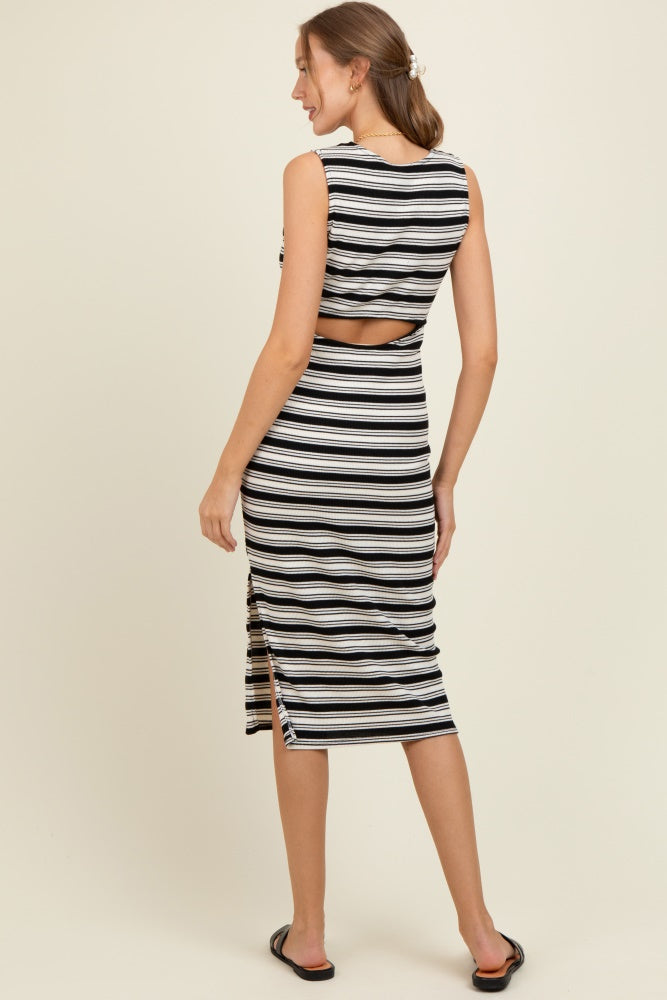 Black Multi-Stripe Ribbed Sleeveless Cutout Maternity Midi Dress