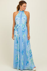 Blue Floral Halter Sleeveless Sash Tie Maxi Dress