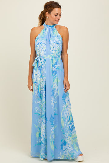 Blue Floral Halter Sleeveless Sash Tie Maxi Dress