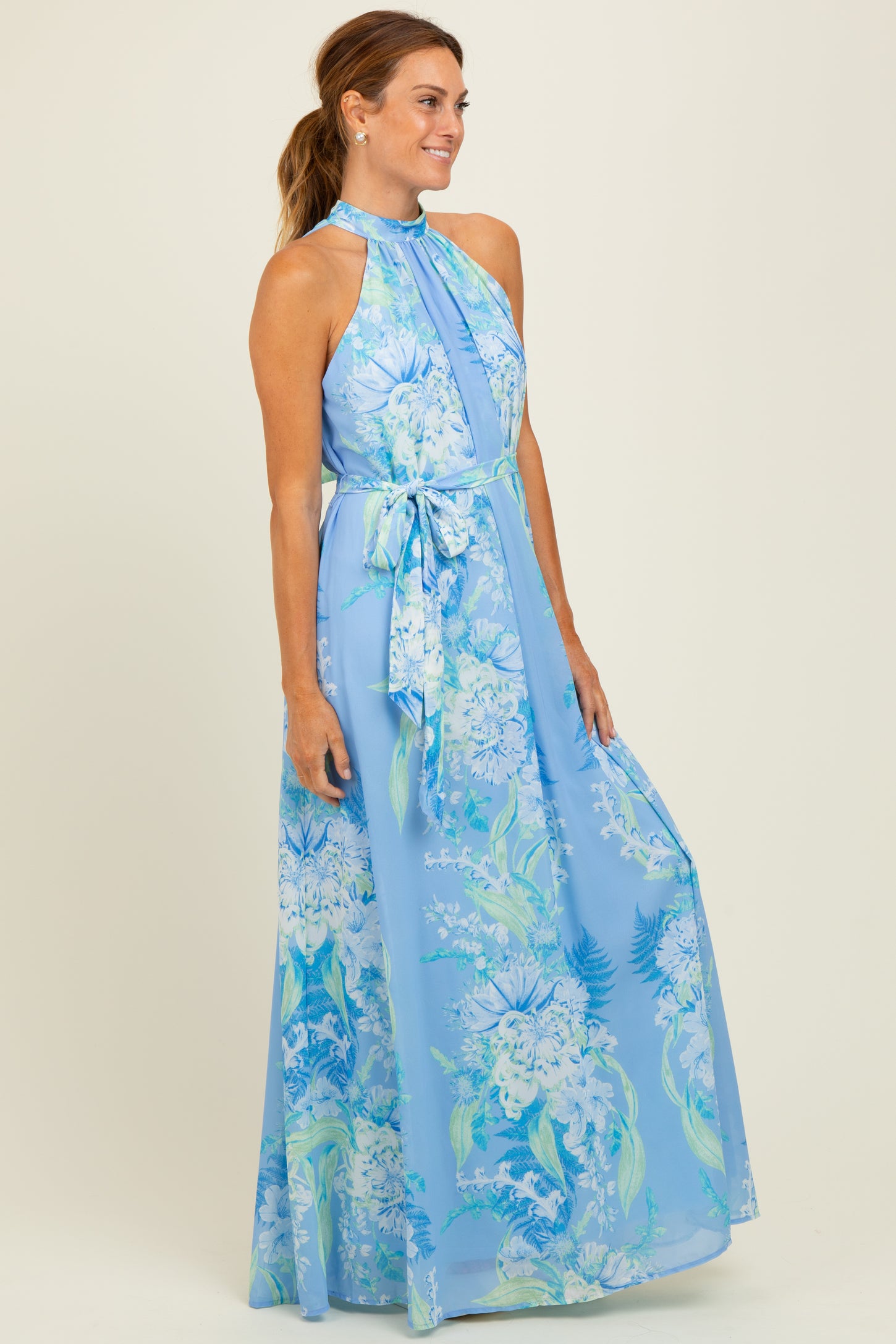 Blue Floral Halter Sleeveless Sash Tie Maxi Dress