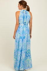Blue Floral Halter Sleeveless Sash Tie Maxi Dress