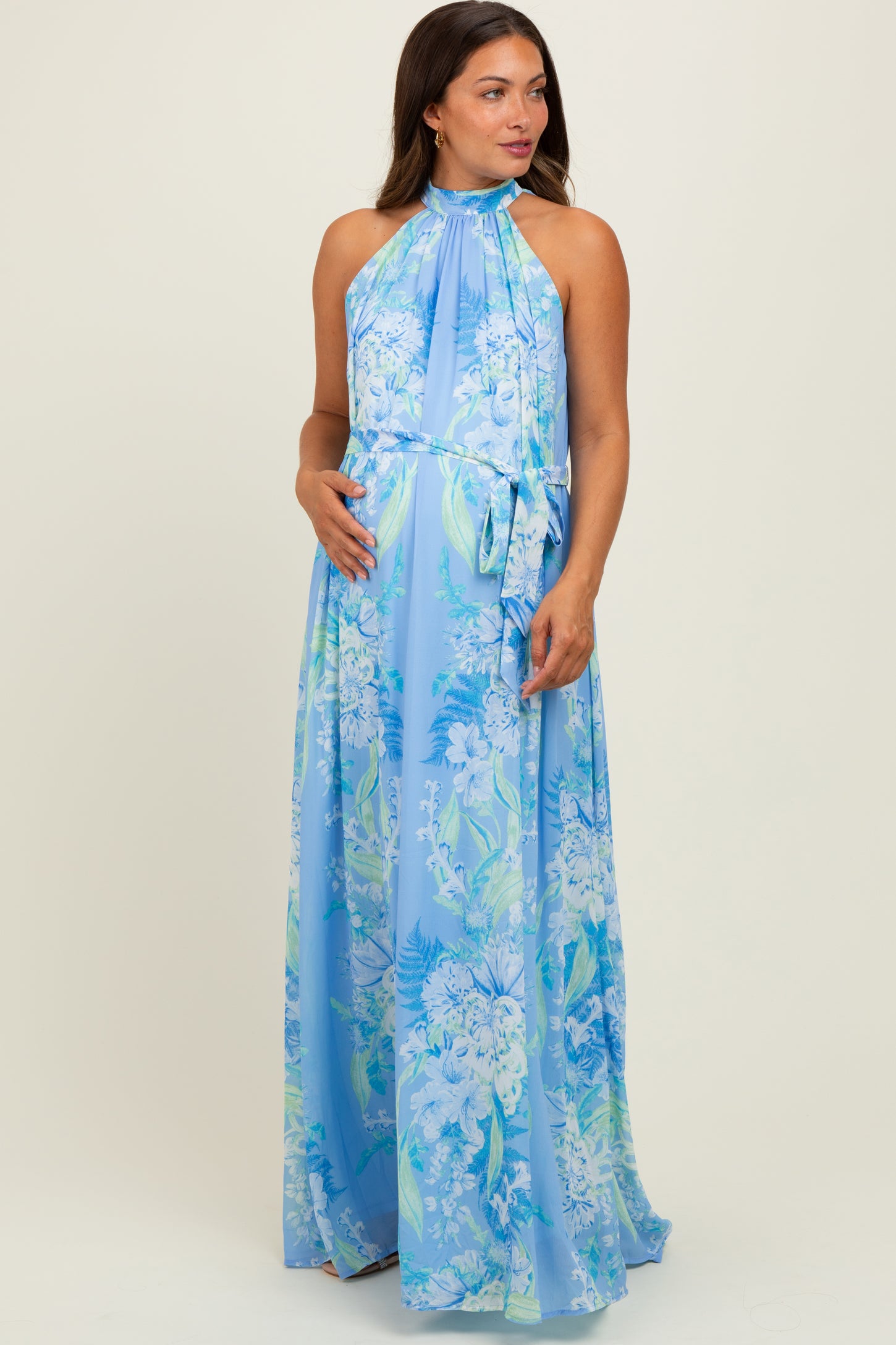 Blue Floral Halter Sleeveless Sash Tie Maternity Maxi Dress