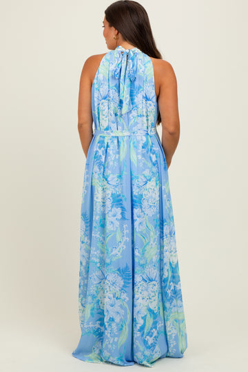 Blue Floral Halter Sleeveless Sash Tie Maternity Maxi Dress