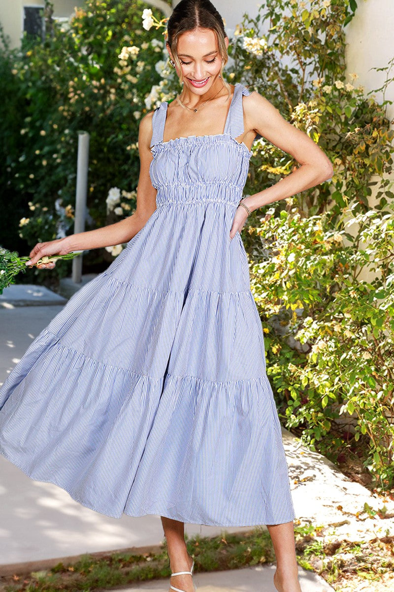 Blue Striped Shoulder Tie Ruffle Accent Tiered Maxi Dress