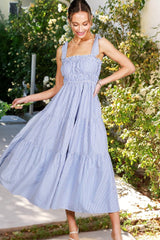 Blue Striped Shoulder Tie Ruffle Accent Tiered Maternity Maxi Dress