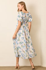 Blue Floral Chiffon Puff Sleeve Midi Dress