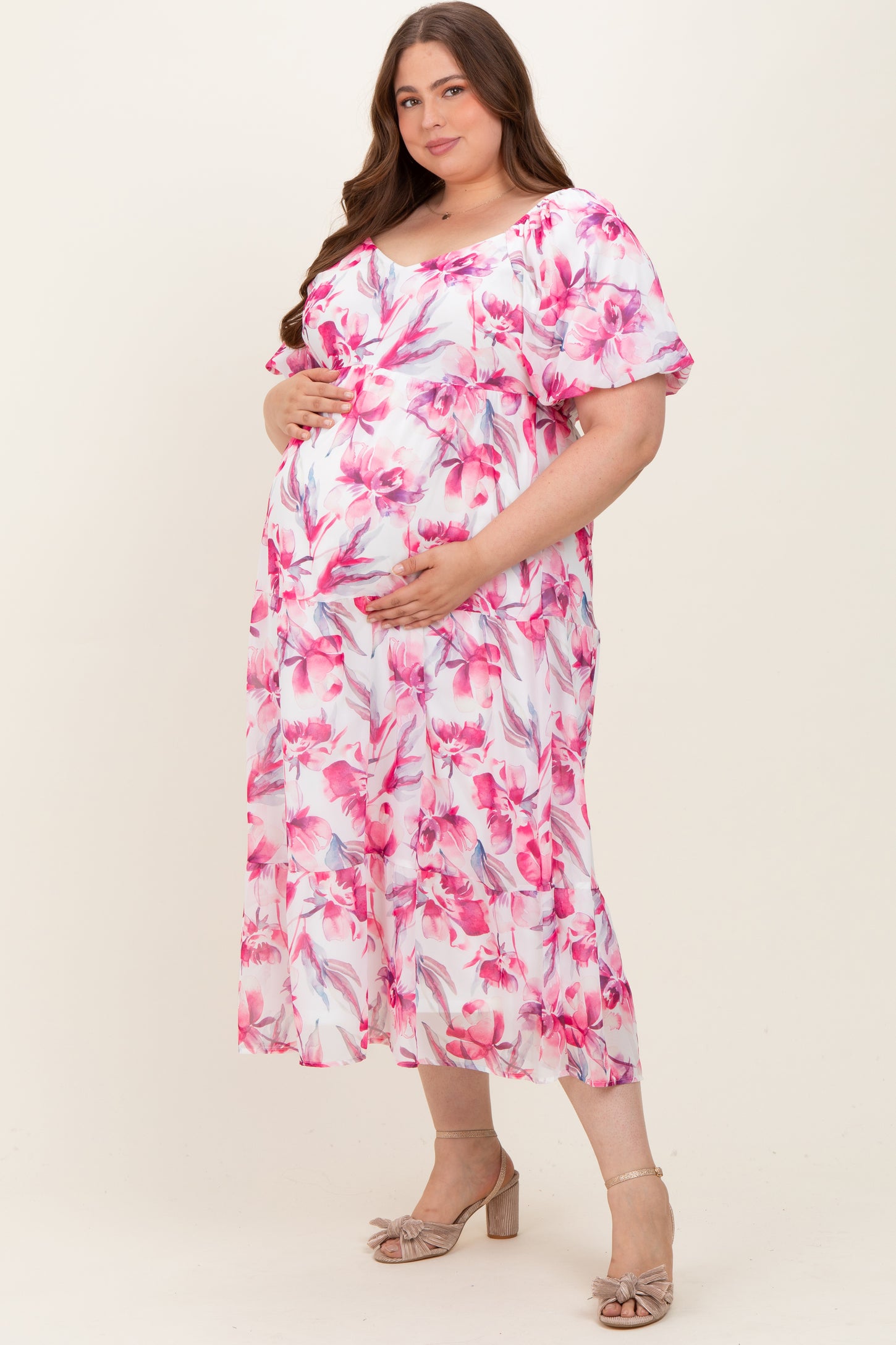 Pink Floral Chiffon Puff Sleeve Maternity Plus Midi Dress