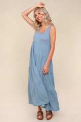 Light Blue Solid Tiered French Terry Maxi Dress